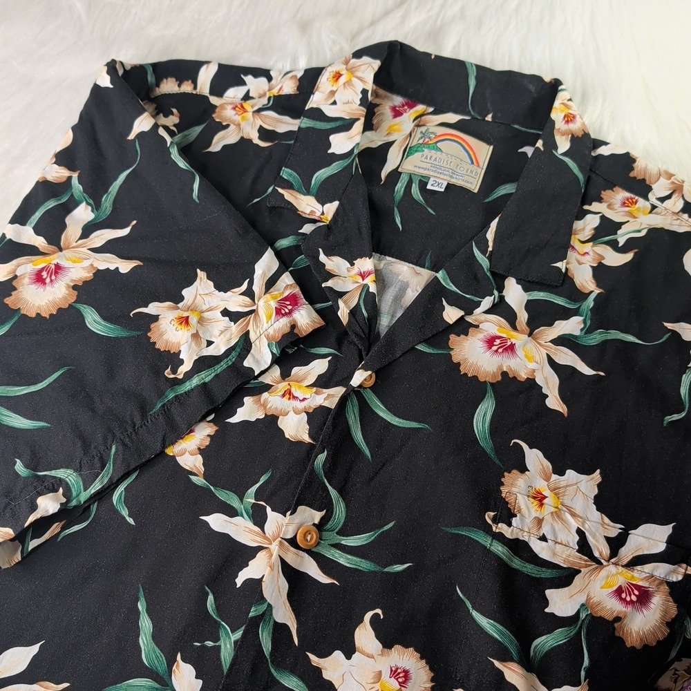 Paradise Found Hawaiian Mens Shirt Orchids Black Aloha 100% Cotton Pocket Sz 2XL